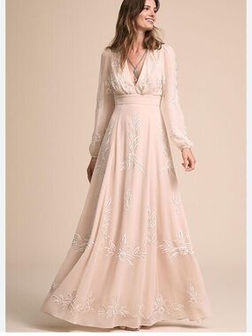 BHLDN Belize Embroidered V Neck Long Sleeve Gown